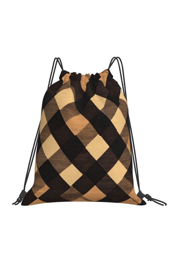 Leisure Draw String Mouth Backpack 16 X 14 Woven Band Durable Not Easy To Fall Off In Travel Portable Draw String Design Argyle Plaid Brown_2
