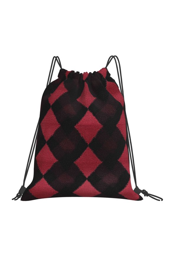 Leisure Draw String Mouth Backpack 16 X 14 Woven Band Durable Not Easy To Fall Off In Travel Portable Draw String Design Argyle Plaid Darkred_1