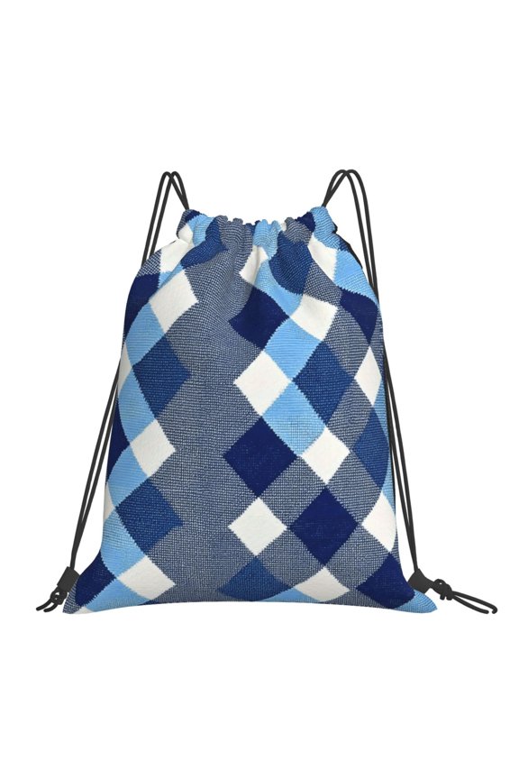 Leisure Draw String Mouth Backpack 16 X 14 Woven Band Durable Not Easy To Fall Off In Travel Portable Draw String Design Argyle Plaid Deepskyblue_1