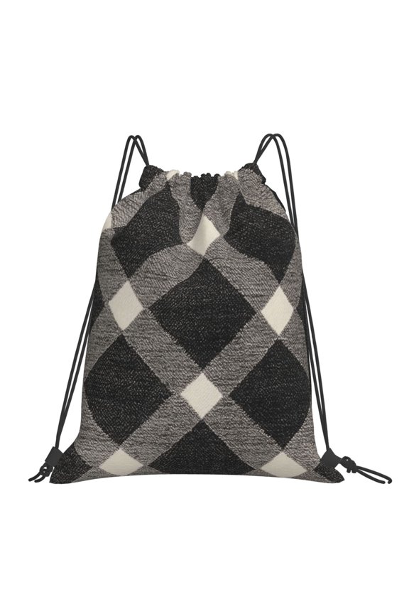 Leisure Draw String Mouth Backpack 16 X 14 Woven Band Durable Not Easy To Fall Off In Travel Portable Draw String Design Argyle Plaid Dimgray_40978_1