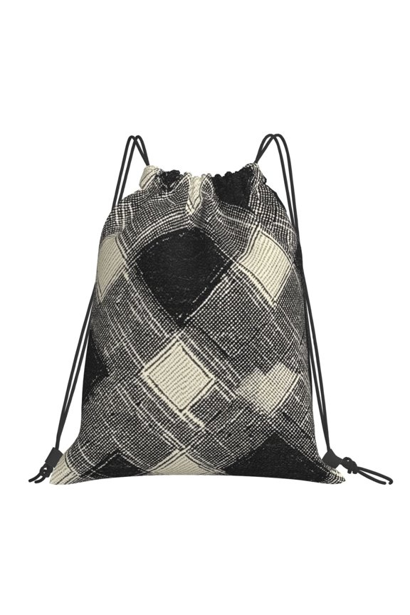 Leisure Draw String Mouth Backpack 16 X 14 Woven Band Durable Not Easy To Fall Off In Travel Portable Draw String Design Argyle Plaid Dimgray_40978_2