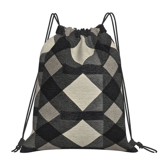 Leisure Draw String Mouth Backpack 16 X 14 Woven Band Durable Not Easy To Fall Off In Travel Portable Draw String Design Argyle Plaid Dimgray_95746_1