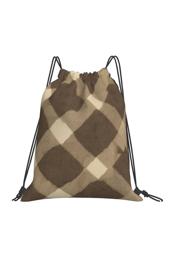 Leisure Draw String Mouth Backpack 16 X 14 Woven Band Durable Not Easy To Fall Off In Travel Portable Draw String Design Argyle Plaid Khaki_2