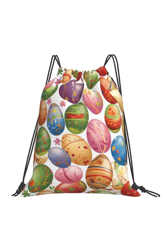 Leisure Draw String Mouth Backpack 16 X 14 Woven Band Durable Not Easy To Fall Off In Travel Portable Draw String Design Colorful Easter Eggs Cartoon