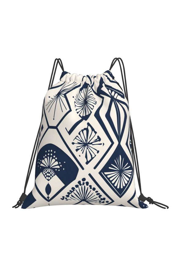 Leisure Draw String Mouth Backpack 16 X 14 Woven Band Durable Not Easy To Fall Off In Travel Portable Draw String Design Navy Geometric Patterns_2