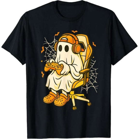 Leisure - Halloween Graphic Tee, Tops Has Gamer - Ghost Graphic, Round Neck Regular Fit T - shirts, Size(S - 5XL)
