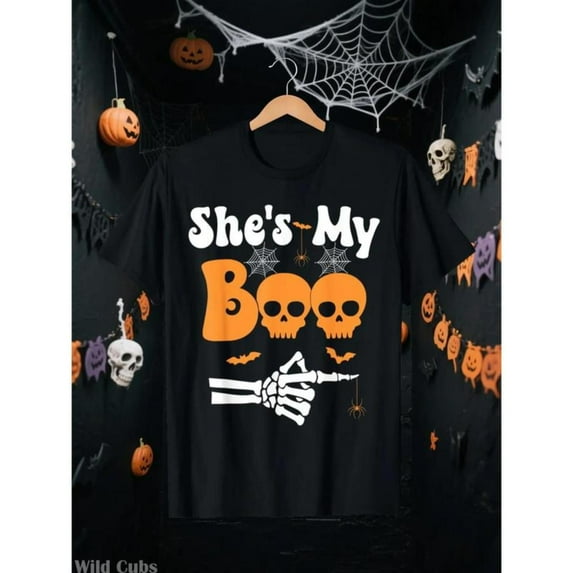 Leisure - Halloween Graphic Tee, Tops Has "She's My Boo" Text, Round Neck Regular Fit T - shirts, Size(S - 5XL)