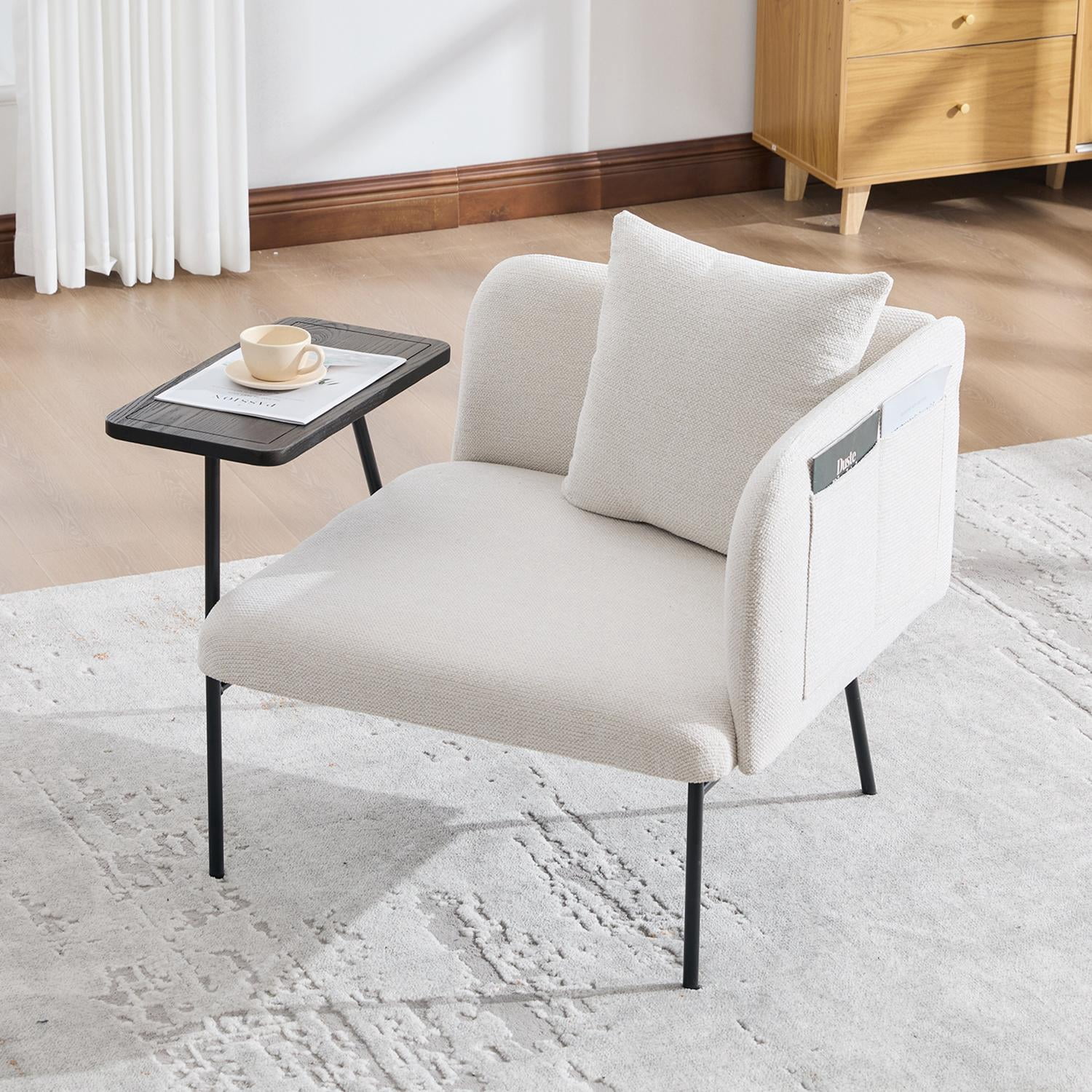 Leisure Lounge Chair with Side Table and Back Pillow, Modern Upholstered Accent Armchair Single Sofa with Metal Legs and Side Pockets, Living Room Bedroom Reading Seating, Beige