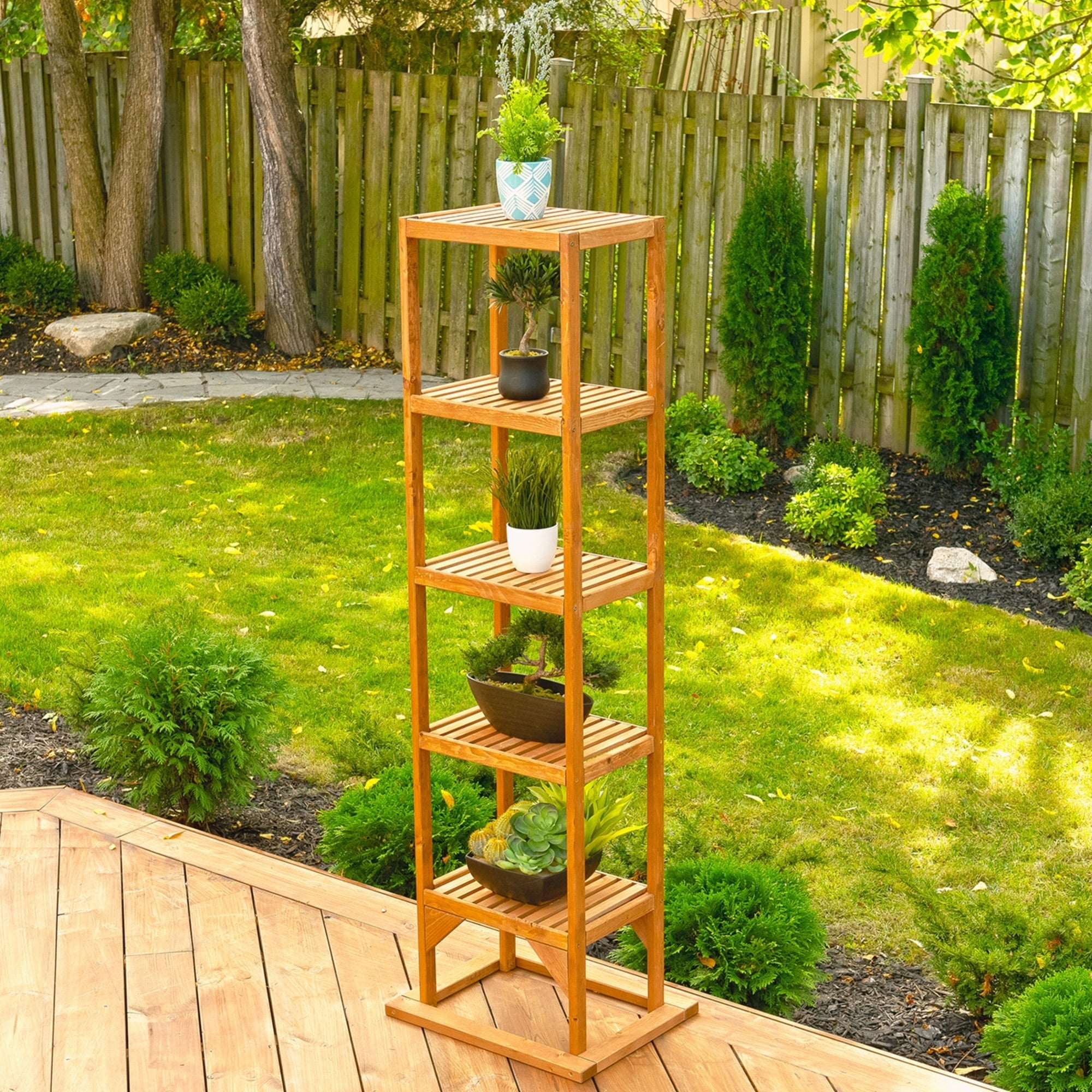 Medium Brown 5-Shelf Solid Wood Tower Plant Stand