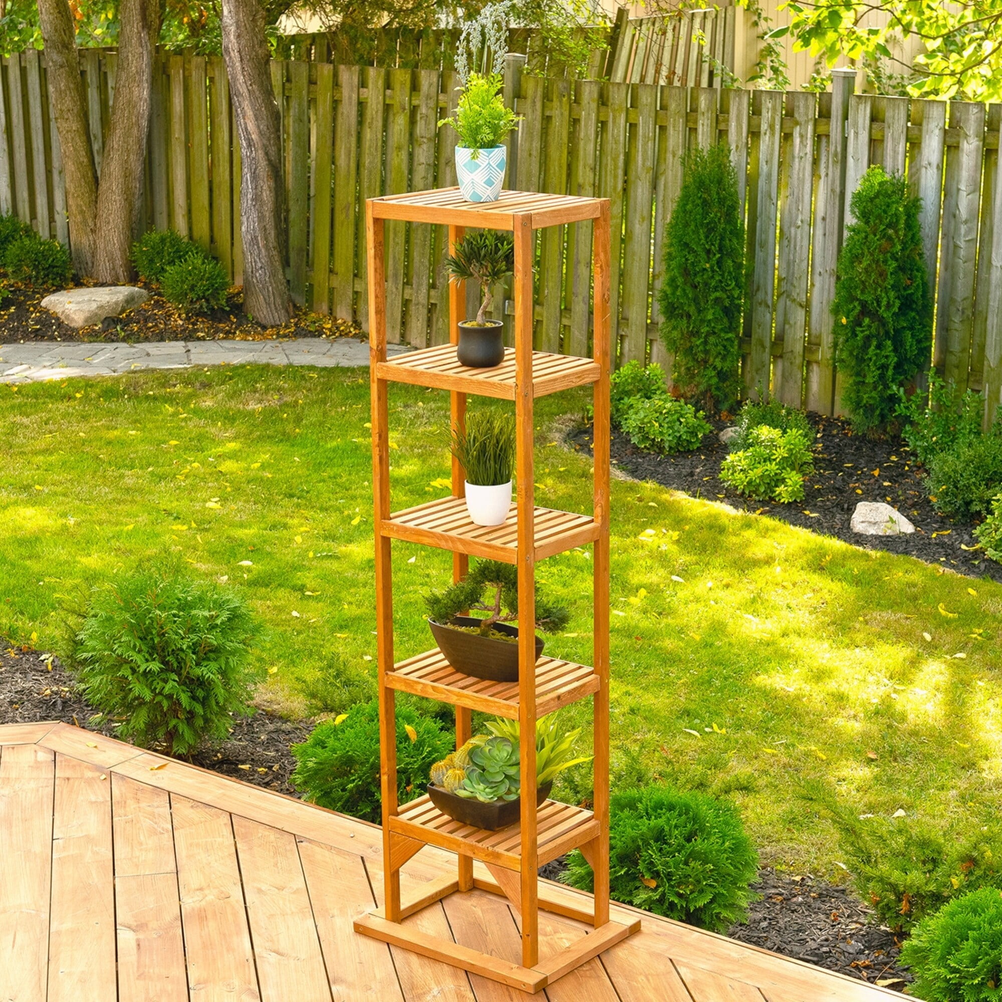 Medium Brown 5-Shelf Solid Wood Tower Plant Stand