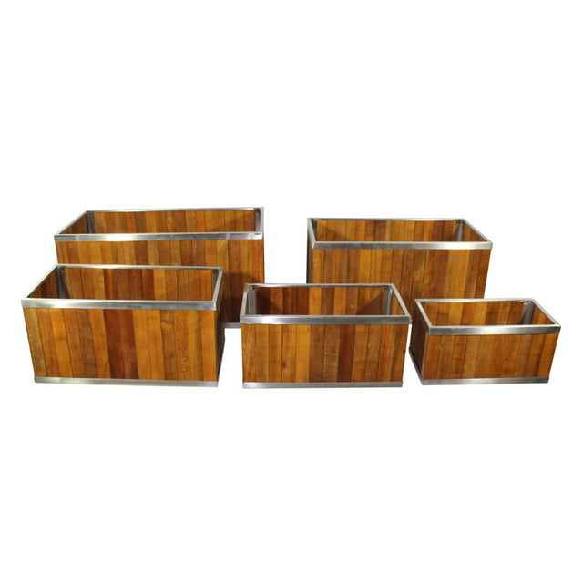 Leisure Season Rectangular Wooden Planter with Stainless Steel Trim