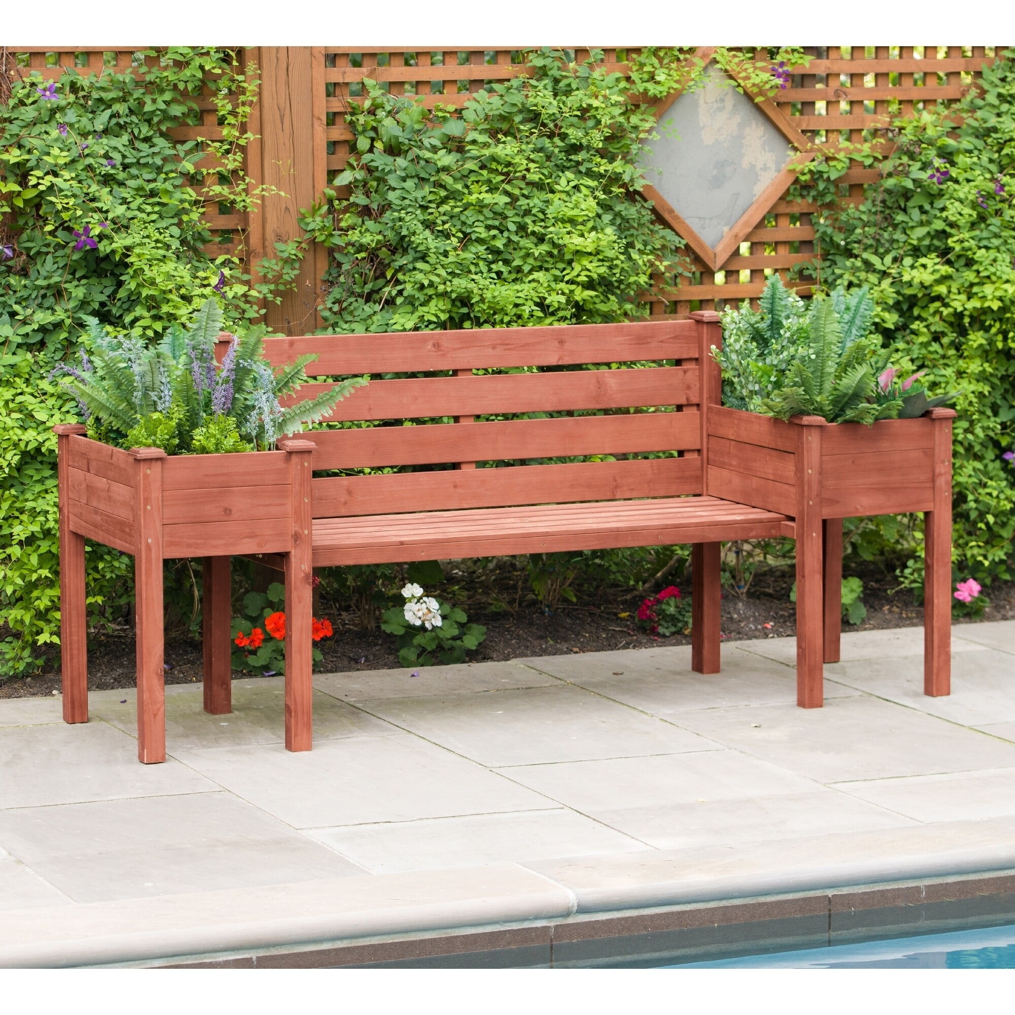 Medium Brown Wood Planter Bench with Slanted Backrest