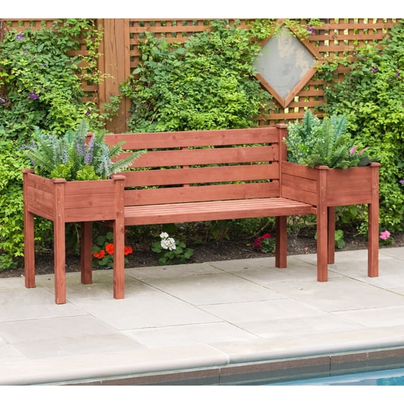 Leisure Season Wood Planter Bench with Slanted Back Rest in Medium Brown
