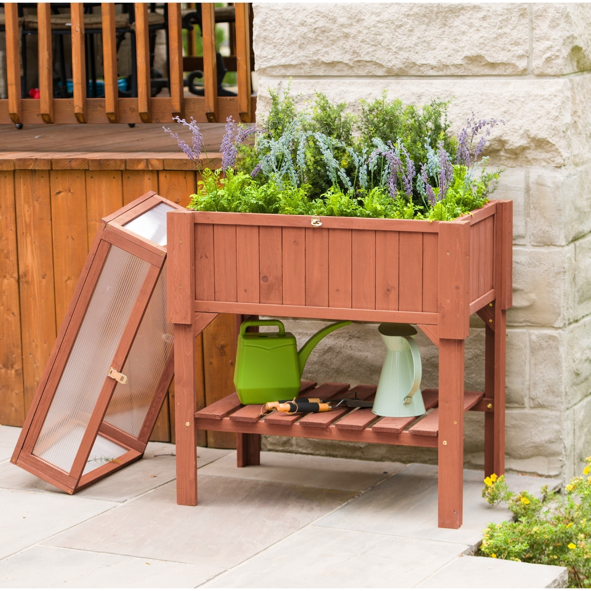 Medium Brown Cypress Wood Raised Greenhouse with Lift-Up Lid