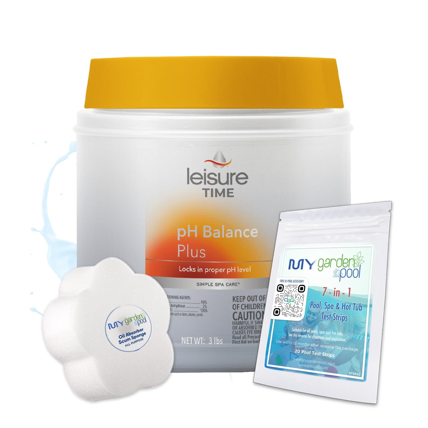 Leisure Time 45410A pH Balance Plus Spa and Hot Tub Water Care, 3 LBS with My Garden Pool 20 Ct. Test Strips & Scum Sponge Flower Oil-Absorbing Sponge for Hot Tubs and Pools