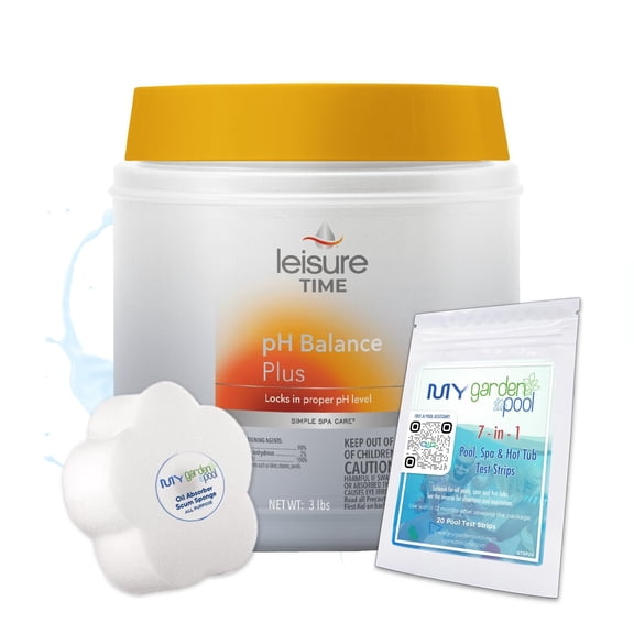 Leisure Time 45410A pH Balance Plus Spa and Hot Tub Water Care, 3 LBS with My Garden Pool 20 Ct. Test Strips & Scum Sponge Flower Oil-Absorbing Sponge for Hot Tubs and Pools
