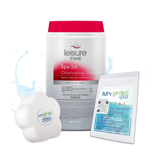 Leisure Time E5 Spa 56 Chlorinating Granules for Spas and Hot Tubs, 5-Pounds with My Garden Pool 20 Ct. Test Strips - Take Care of Your Spa/Pool, Test First Use Later