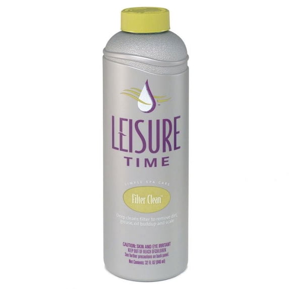 Leisure Time Filter Clean, An overnight, deep-cleaning solution for pool and spa filters to remove body oils, suntan lotion, grease, and other organic material