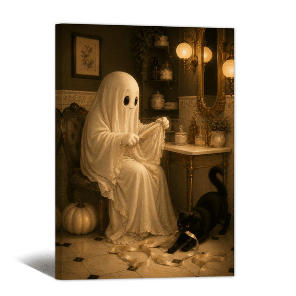 Leisure Time Halloween Ghost Canvas Wall Art Vintage Cute Black Cat Prints, Horror Antique Artwork Paintings for Living Room Bedroom Home Wall Decor.