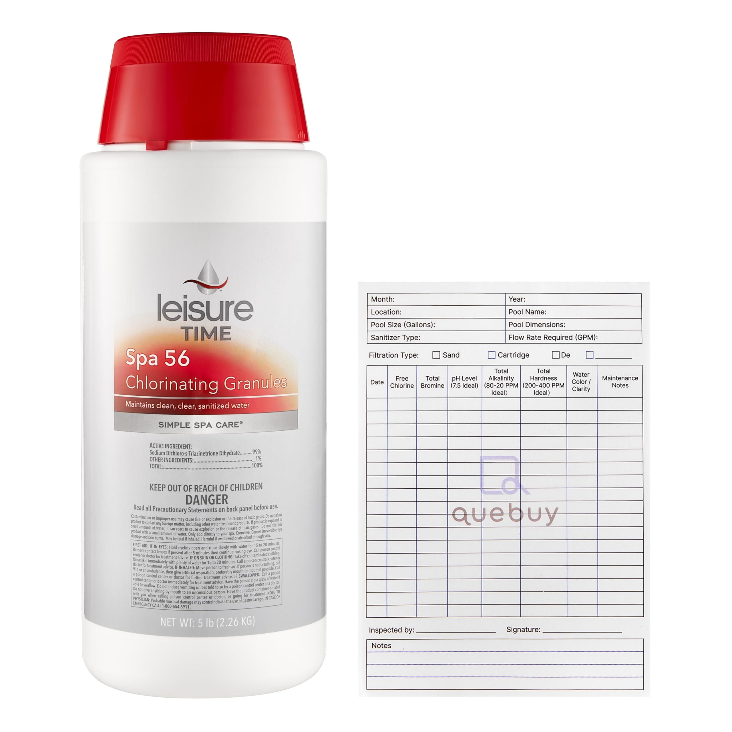 Leisure Time Spa 56 Chlorinating Granules 22337A for Hot Tubs & Spas 5 lbs + QueBuy Pool Log Book