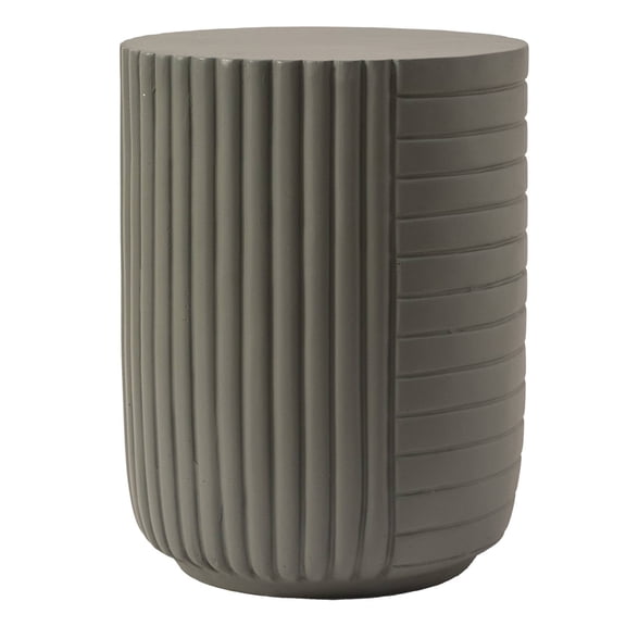 LeisureMod 14" Wide Round Side Table in Fiberstone with Ribbed Design and Painted Finish Indoor Outdoor Use for Modern Home, Living Room, Bedroom, Patio, Garden Trove Collection in Green Grey