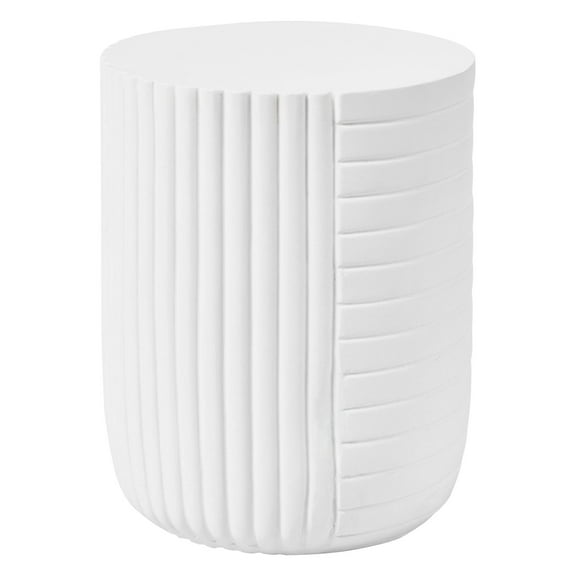 LeisureMod 14" Wide Round Side Table in Fiberstone with Ribbed Design and Painted Finish Indoor Outdoor Use for Modern Home, Living Room, Bedroom, Patio, Garden Trove Collection in White