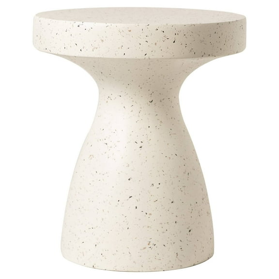 LeisureMod 16" Wide Round Side Table in Fiberstone with Hourglass Pedestal Design for Indoor and Outdoor Use Wisp Collection in Terrazzo White