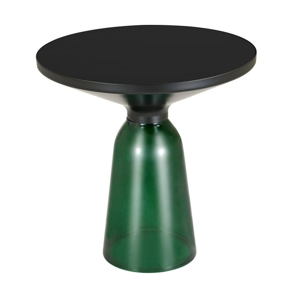 LeisureMod 19" Round End/Side Table with Glass Top and Black Powder-Coated Iron Rim Tempered Glass Pedestal Base No Assembly for Modern Home, Living Room Tully Collection in Green/Black