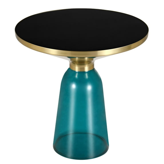 LeisureMod 19" Round End/Side Table with Glass Top and Brushed Gold Iron Rim Tempered Glass Pedestal Base No Assembly for Modern Home, Living Room Tully Collection in Blue/Black
