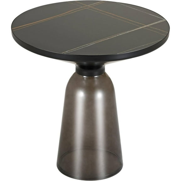 LeisureMod 19" Round End/Side Table with Sintered Stone Top and Black Powder-Coated Iron Rim Tempered Glass Pedestal Base No Assembly for Modern Home, Living Room Tully Collection in Grey/Black Stone