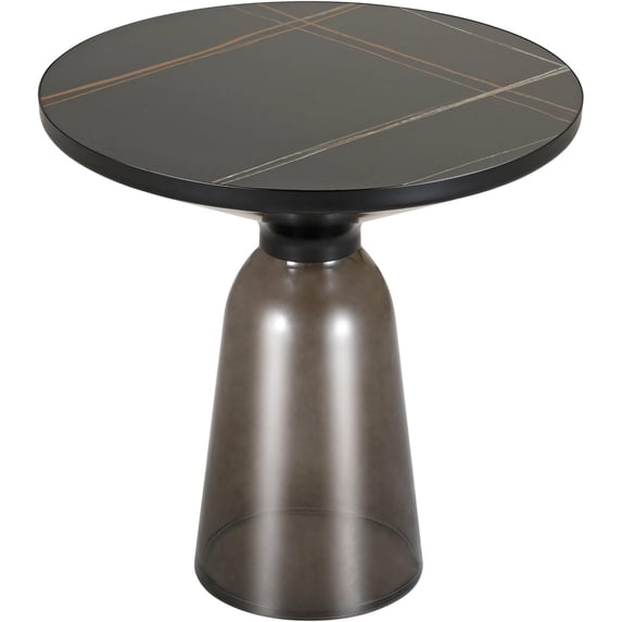 LeisureMod 19" Round End/Side Table with Sintered Stone Top and Black Powder-Coated Iron Rim Tempered Glass Pedestal Base No Assembly for Modern Home, Living Room Tully Collection in Grey/Black Stone