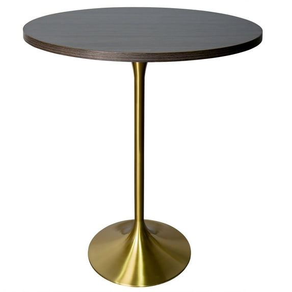LeisureMod 27" Round Bar Height Dining Table with MDF Top Pub Table and Gold Stainless Steel Pedestal Base for Modern Kitchen and Dining Room Verve Collection in Dark Maple