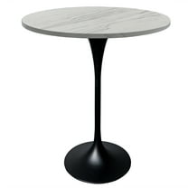 LeisureMod 27" Round Bar Height Dining Table with Resin Top and Black Stainless Steel Pedestal Base for Modern Kitchen Verve Collection in White Marbleized