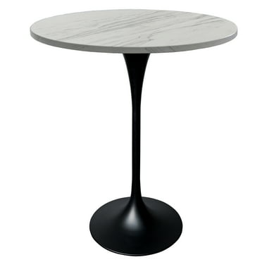 LeisureMod 27" Round Bar Height Dining Table with Resin Top and Black Stainless Steel Pedestal Base for Modern Kitchen Verve Collection in White Marbleized