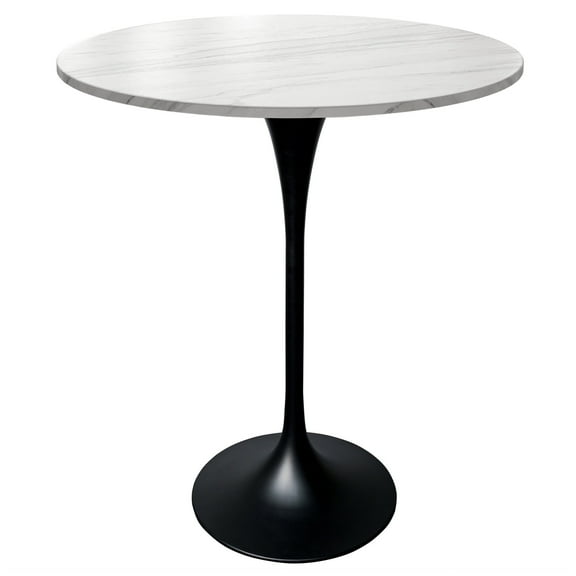LeisureMod 27" Round Bar Height Dining Table with Sintered Stone Top Pub Table and Black Stainless Steel Pedestal Base for Modern Kitchen and Dining Room Verve Collection in Marble White