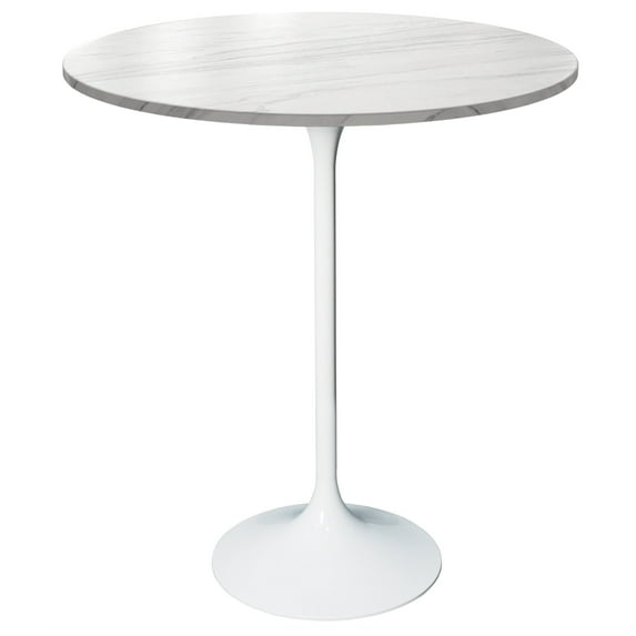 LeisureMod 27" Round Bar Height Dining Table with Sintered Stone Top and White Stainless Steel Pedestal Base for Modern Kitchen Verve Collection in Marble White