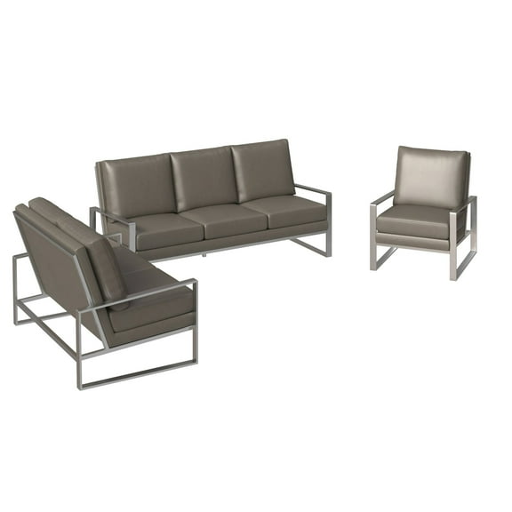 LeisureMod 3-Piece Sofa Set Upholstered in Leather Accent Chair with Brushed Stainless Steel Base Loveseat and Removable Cushions for Modern Home Jefferson Collection in Grey