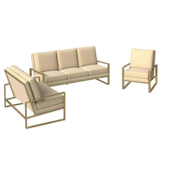 LeisureMod 3-Piece Sofa Set Upholstered in Velvet Accent Chair with Gold Stainless Steel Base Loveseat and Removable Cushions for Modern Home Jefferson Collection in Beige