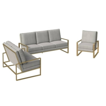 LeisureMod 3-Piece Sofa Set Upholstered in Velvet Accent Chair with Gold Stainless Steel Base Loveseat and Removable Cushions for Modern Home Jefferson Collection in Light Grey