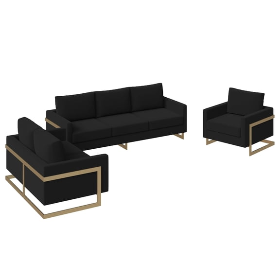 LeisureMod Lincoln Modern 3-Piece Velvet Sofa Set with Removable Cushions and Gold Metal Base, Sofa and Armchairs Seating Set for Indoor Living Room, Lounge & Office, Midnight Black