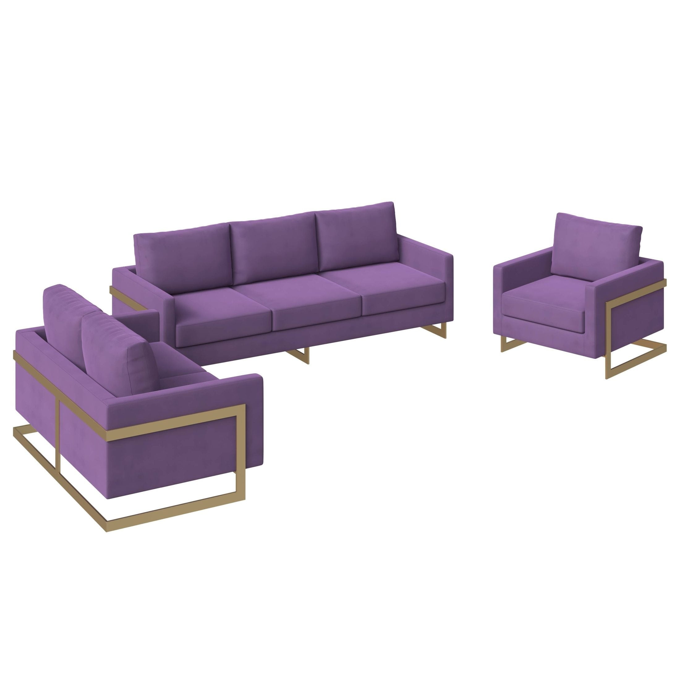 Purple Velvet 3-Piece Sofa Set with Gold Stainless Steel Base
