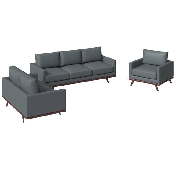 LeisureMod 3-Piece Sofa Set Upholstered in Leather with Birch Wood Base for Modern Home, Living Room, Offices Chester Collection in Grey