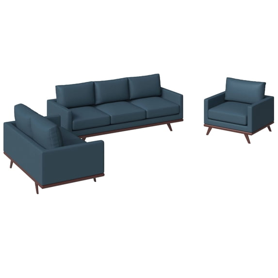 LeisureMod 3-Piece Sofa Set Upholstered in Leather with Birch Wood Base for Modern Home, Living Room, Offices Chester Collection in Navy Blue
