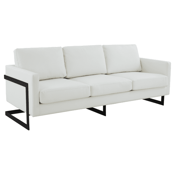 LeisureMod 3-Seater Sofa Upholstered in Leather with Black Geometric Stainless-Steel Base and Removable Cushions, Living Room Couch Lounge Chair in White