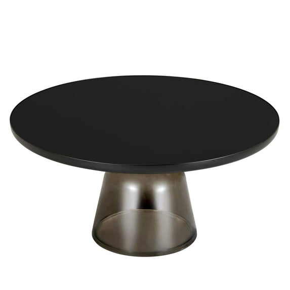 LeisureMod 30" Round Coffee Table with Glass Top and Black Powder-Coated Iron Rim Tempered Glass Pedestal Base No Assembly for Modern Home, Living Room Tully Collection in Grey/Black