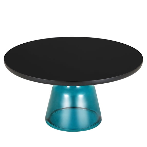 LeisureMod 30" Round Coffee Table with Glass Top and Black Powder-Coated Iron Rim Tempered Glass Pedestal Base No Assembly for Modern Home, Living Room Tully Collection in Blue/Black