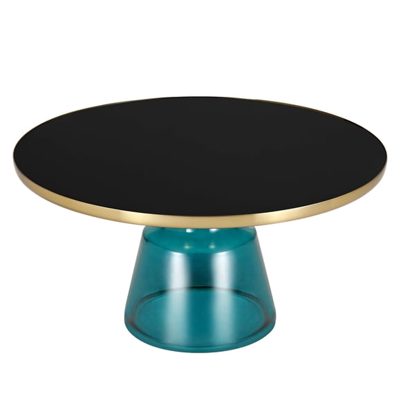LeisureMod 30" Round Coffee Table with Glass Top and Brushed Gold Iron Rim Tempered Glass Pedestal Base No Assembly for Modern Home, Living Room Tully Collection in Blue/Black