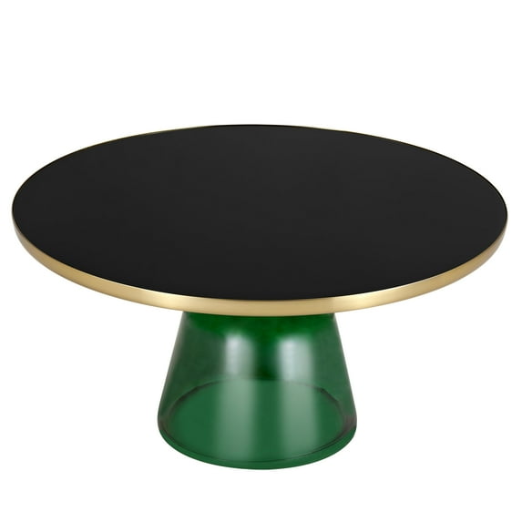 LeisureMod 30" Round Coffee Table with Glass Top and Brushed Gold Iron Rim Tempered Glass Pedestal Base No Assembly for Modern Home, Living Room Tully Collection in Green/Black