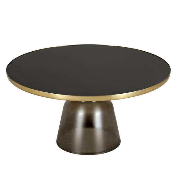 LeisureMod 30" Round Coffee Table with Glass Top and Brushed Gold Iron Rim Tempered Glass Pedestal Base No Assembly for Modern Home, Living Room Tully Collection in Grey/Black