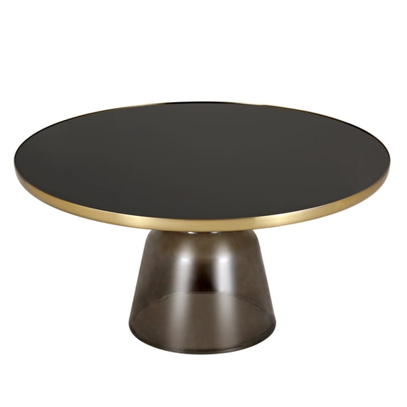 LeisureMod 30" Round Coffee Table with Glass Top and Brushed Gold Iron Rim Tempered Glass Pedestal Base No Assembly for Modern Home, Living Room Tully Collection in Grey/Black